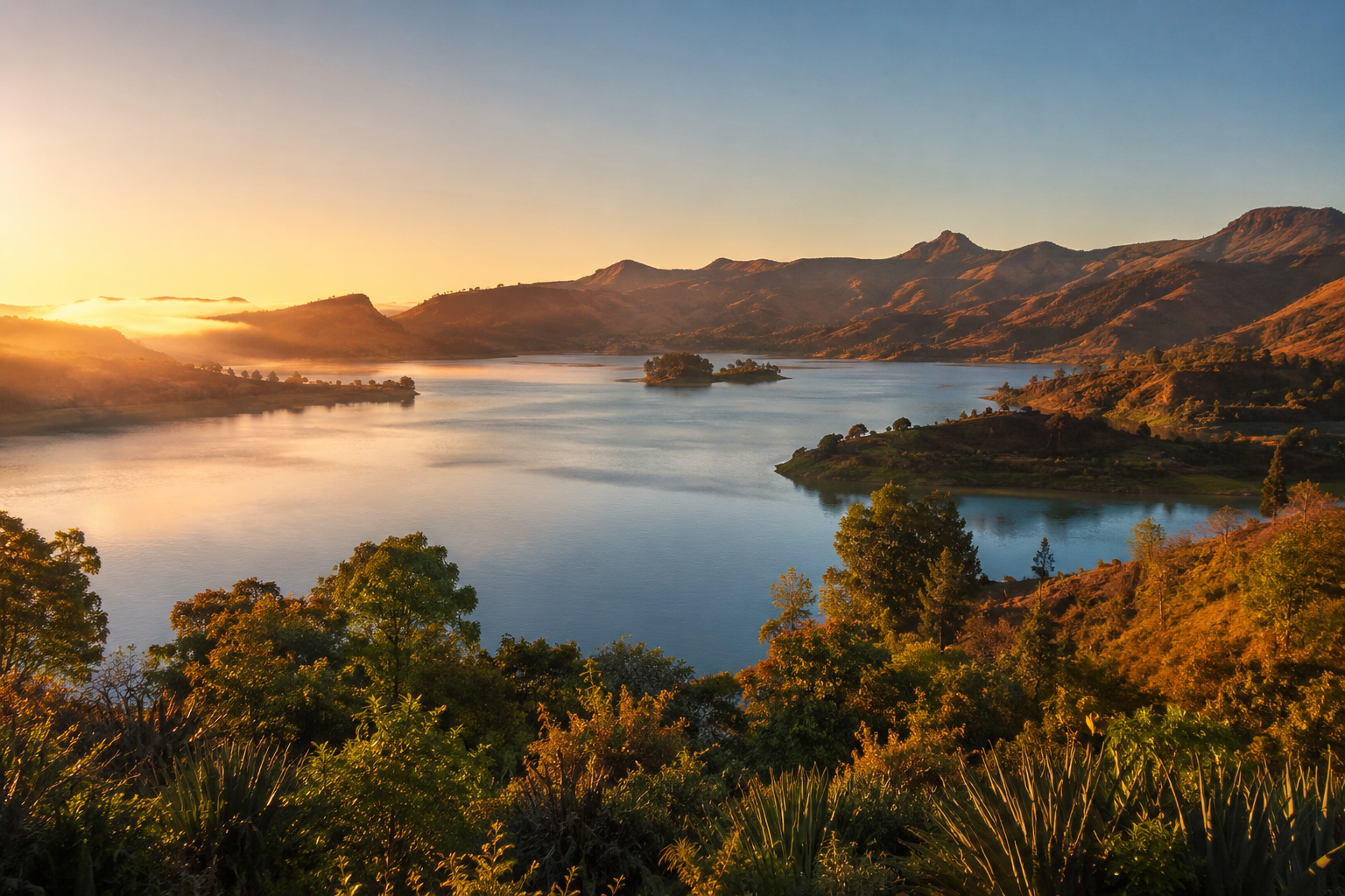 Lac volcanique et reliefs d’Ampefy au lever du soleil